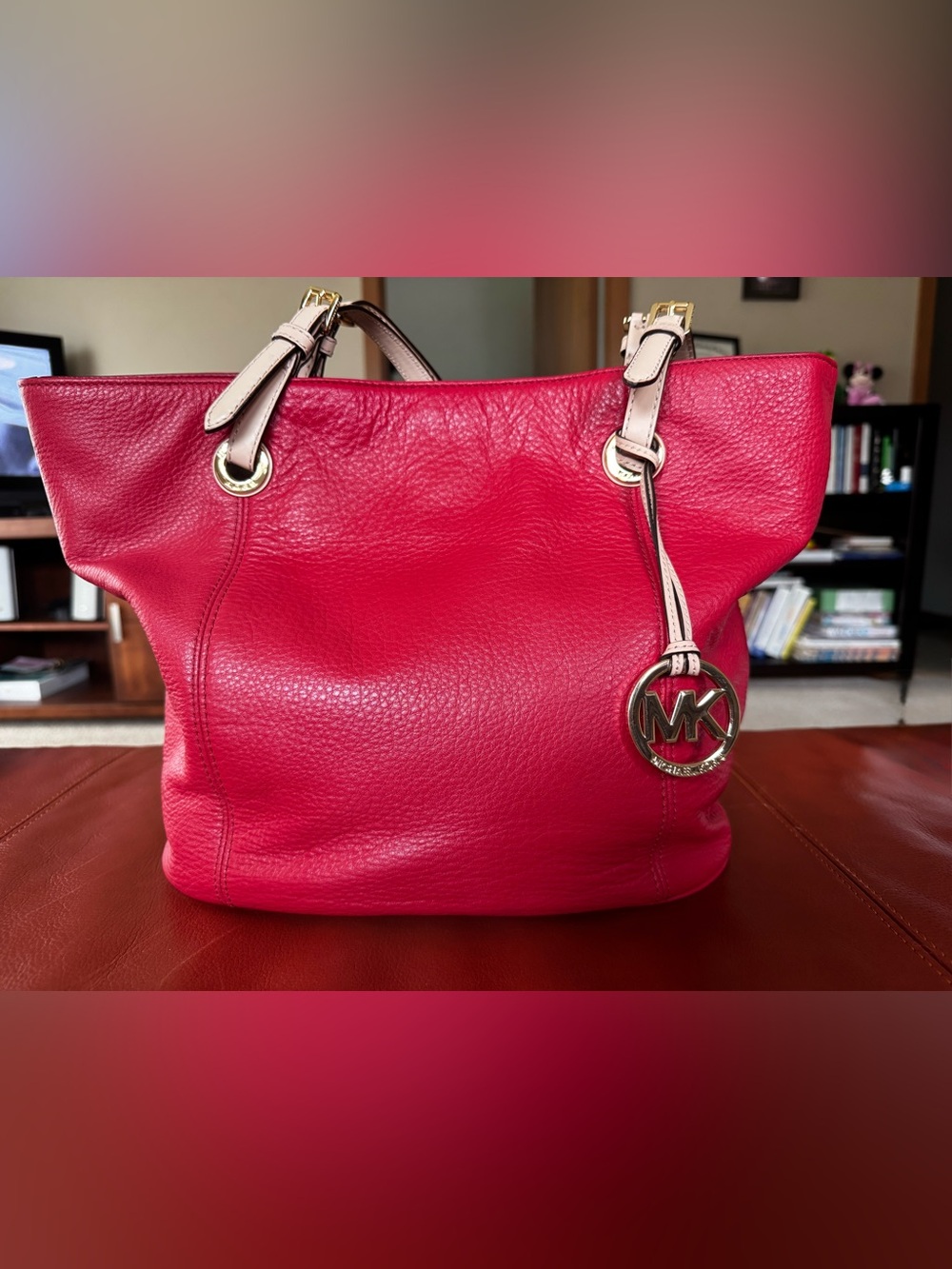 Michael Kors Hot Red Pebbled Leather Tote with Gold MK Charm